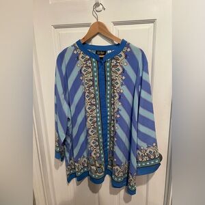 Bob Mackie Blue and Gold Patterned Blouse 3X